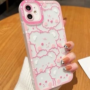 iPhone 13 Pro Max pink teddy print phone case
